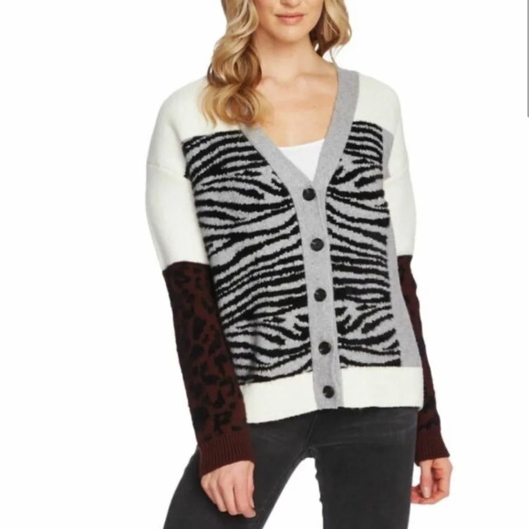 VINCE CAMUTO Color Block Animal Print Cozy V Neck Button Down Cardigan Sweater - Picture 1 of 13